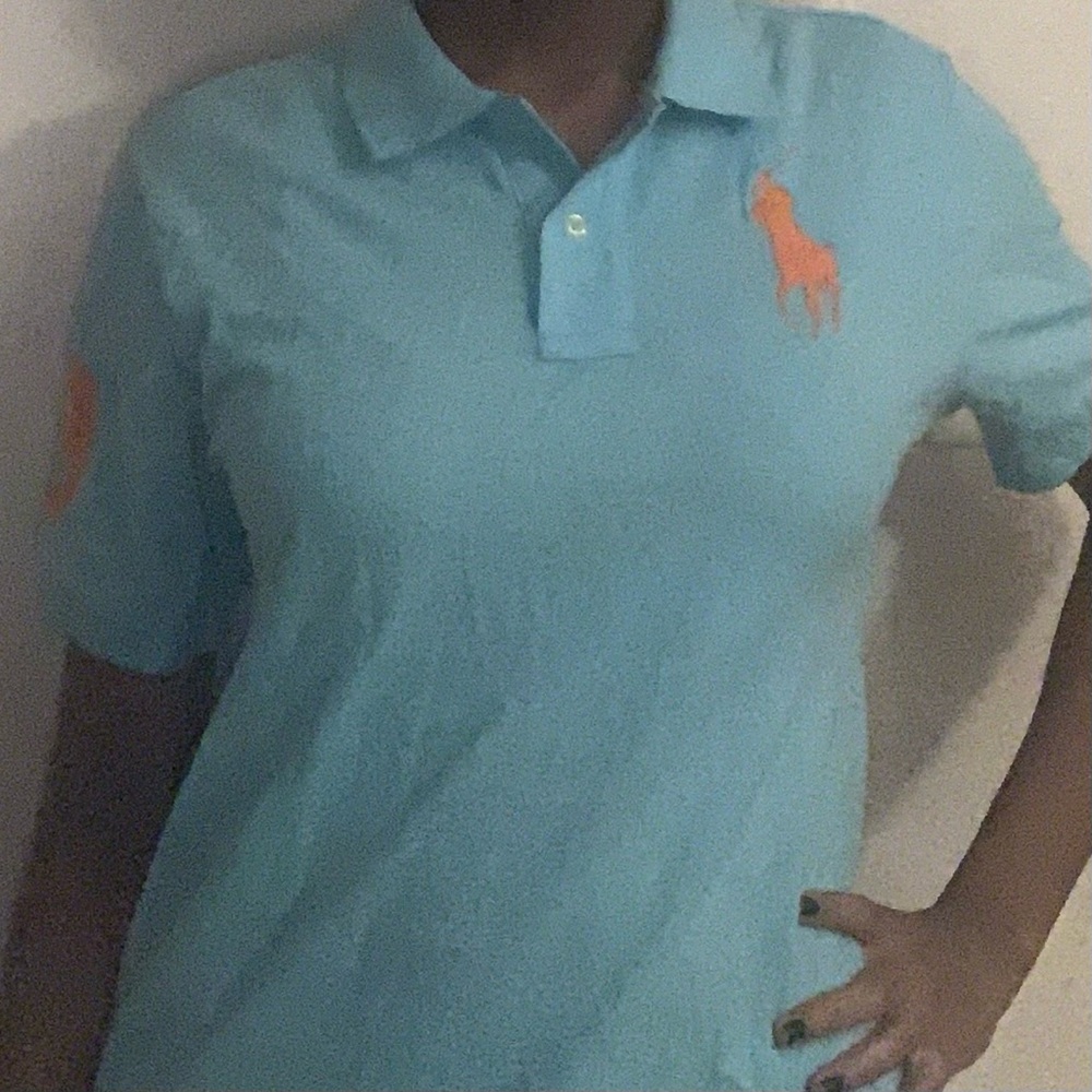 blu polo tshirt with orange pony